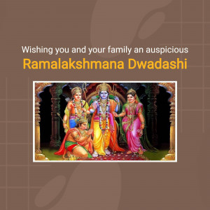 Image depicting Lord Rama, Lakshmana, Sita, and Hanuman with festive greetings for Ramalakshmana Dwadashi.