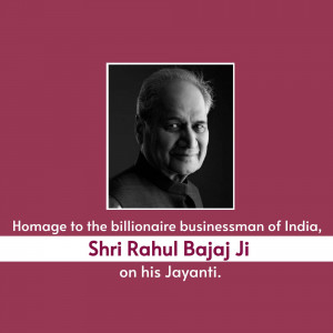 Portrait of Shri Rahul Bajaj Ji with text commemorating his Jayanti