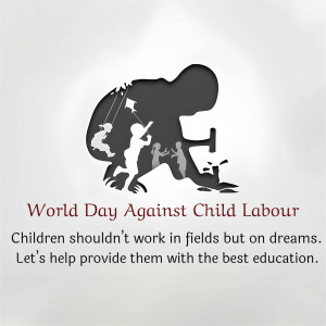 Silhouette of a person carrying children with text 'World Day Against Child Labour'