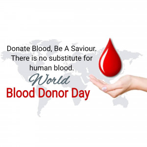 Image promoting blood donation with a blood drop and a world map.
