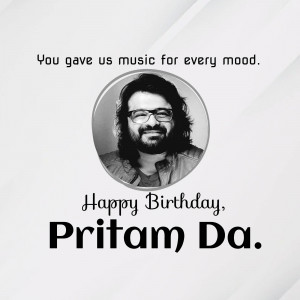 Black and white portrait of Pritam Chakraborty with birthday greeting