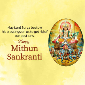 Image depicting Lord Surya with text 'Happy Mithun Sankranti'