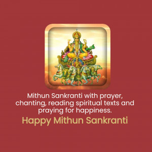Image depicting Goddess Lakshmi with horses and text 'Mithun Sankranti with prayer, chanting, reading spiritual texts and praying for happiness. Happy Mithun Sankranti'