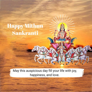 Image depicting Lord Surya with seven horses on a chariot, celebrating Mithun Sankranti.