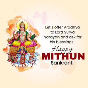 Image depicting Lord Surya with a Mithun Sankranti greeting.