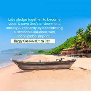 Beach scene with text overlay celebrating Goa Revolution Day and promoting sustainability.