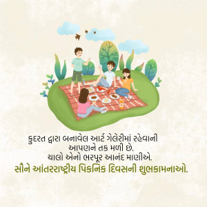 Family enjoying a picnic on a green hill with food and nature around.