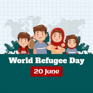 Illustration depicting a refugee family with a world map in the background, commemorating World Refugee Day.