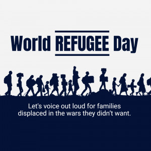 Silhouette of refugees walking with the text 'World Refugee Day'