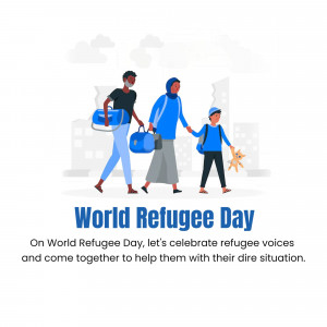 Illustration depicting a family of refugees walking with their belongings, with text 'World Refugee Day'