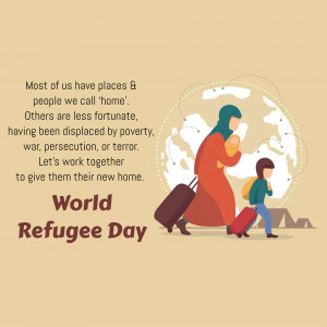 Illustration of a mother and child refugees walking with luggage, representing World Refugee Day.