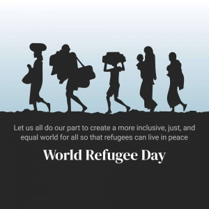 Silhouette of a group of people carrying belongings, representing refugees, with text promoting inclusivity and peace.