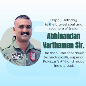 Portrait of Abhinandan Varthaman with a birthday message