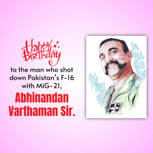 Portrait of Abhinandan Varthaman with a 'Happy Birthday' message