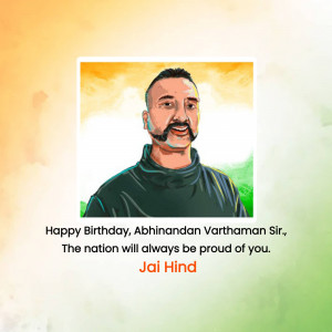 Digital portrait of Abhinandan Varthaman with Indian flag colors and a birthday message.
