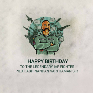 Illustration of Abhinandan Varthaman, an Indian Air Force fighter pilot, with fighter jets and text 'Happy Birthday'