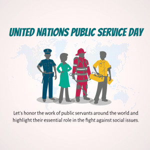 Illustration depicting various public servants - police officer, doctor, firefighter, teacher - with a world map background.