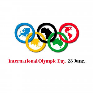 Olympic rings with continents inside and text 'International Olympic Day, 23 June.'