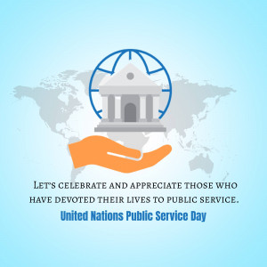 Illustration of a hand holding a building representing public service, with a world map in the background.