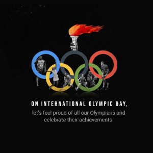 Olympic rings with athletes and a torch, celebrating International Olympic Day.