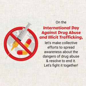 Image depicting a syringe and pills with a red prohibition sign over them, promoting awareness against drug abuse.