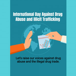 Poster for International Day Against Drug Abuse and Illicit Trafficking showing hands rejecting drugs.