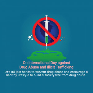 Image depicting a syringe crossed out over a globe, promoting awareness against drug abuse.