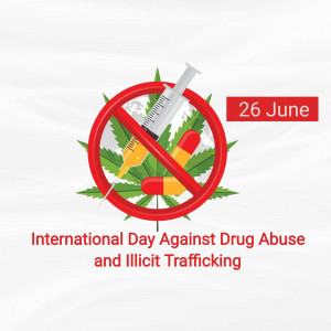 Illustration depicting a syringe, pills, and cannabis leaf crossed out with a red prohibition symbol, with text indicating International Day Against Drug Abuse.
