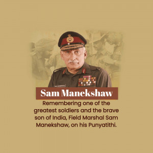 Portrait of Field Marshal Sam Manekshaw with text commemorating his Punyathithi.