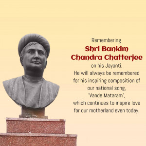 Statue of Bankim Chandra Chatterjee with text commemorating his Jayanti