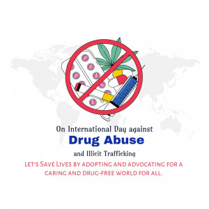Image depicting a 'no' symbol over pills and cannabis leaf against a world map, promoting awareness for International Day Against Drug Abuse and Illicit Trafficking.