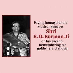 Black and white portrait of R.D. Burman with text commemorating his birth anniversary.