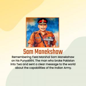 Portrait of Field Marshal Sam Manekshaw with text commemorating his Punyatithi