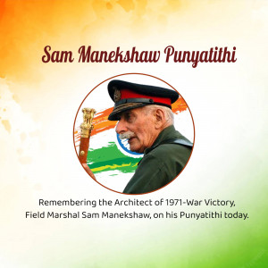 Image of Field Marshal Sam Manekshaw with the Indian flag in the background