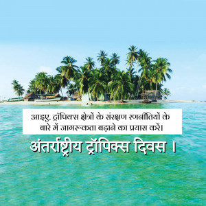 Scenic view of a tropical island with palm trees and turquoise water, with text in Hindi.