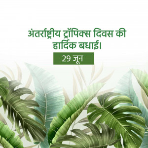 Image with text 'International Tropics Day Greetings' and tropical leaves.
