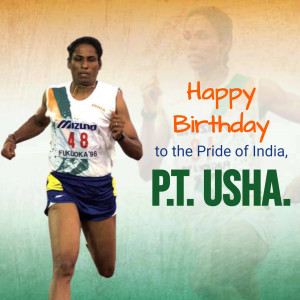 Image of P.T. Usha, an Indian track and field athlete, with a birthday greeting.
