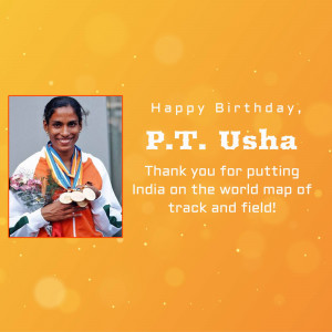 Portrait of P.T. Usha with medals and a birthday message