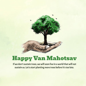 Hand holding a tree sapling with the text Happy Van Mahotsav