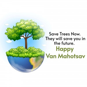 Illustration of a tree growing on a globe with text promoting tree conservation for Van Mahotsav.