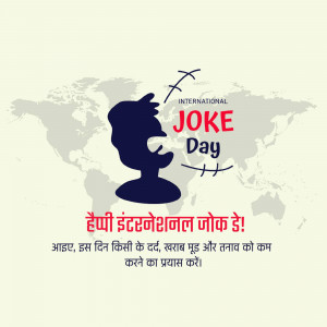 International Joke Day graphic with a silhouette of a person telling a joke over a world map.