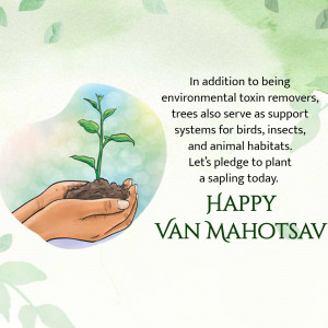 Hands holding a sapling with text celebrating Van Mahotsav