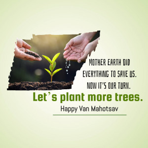 Hands holding a seedling with water droplets and text promoting tree planting for Van Mahotsav.