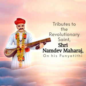 Portrait of Shri Namdev Maharaj with floral garland and musical instruments