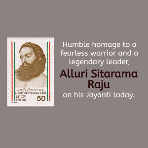 Image of a postage stamp featuring Alluri Sitarama Raju with text commemorating his birth anniversary.