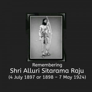 Black and white portrait of Alluri Sitarama Raju with a bow and arrow