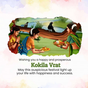 Illustration of women performing Kokila Vrat ritual with a festive greeting.