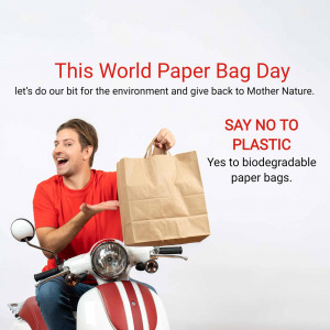 Man on a scooter holding a paper bag promoting World Paper Bag Day and reducing plastic use.