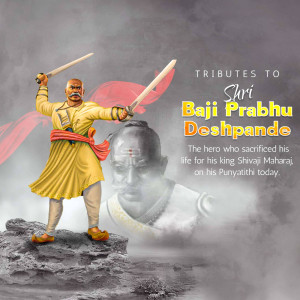 Digital artwork depicting Shri Baji Prabhu Deshpande with swords, honoring his sacrifice.