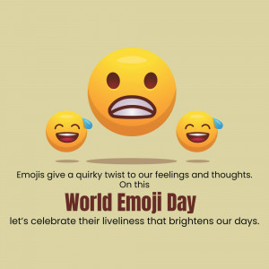Image celebrating World Emoji Day with a central worried emoji and surrounding laughing emojis.